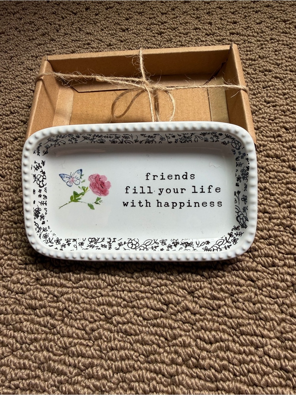NEW! Decorative White Ceramic Trinket Dish with Pink Rose